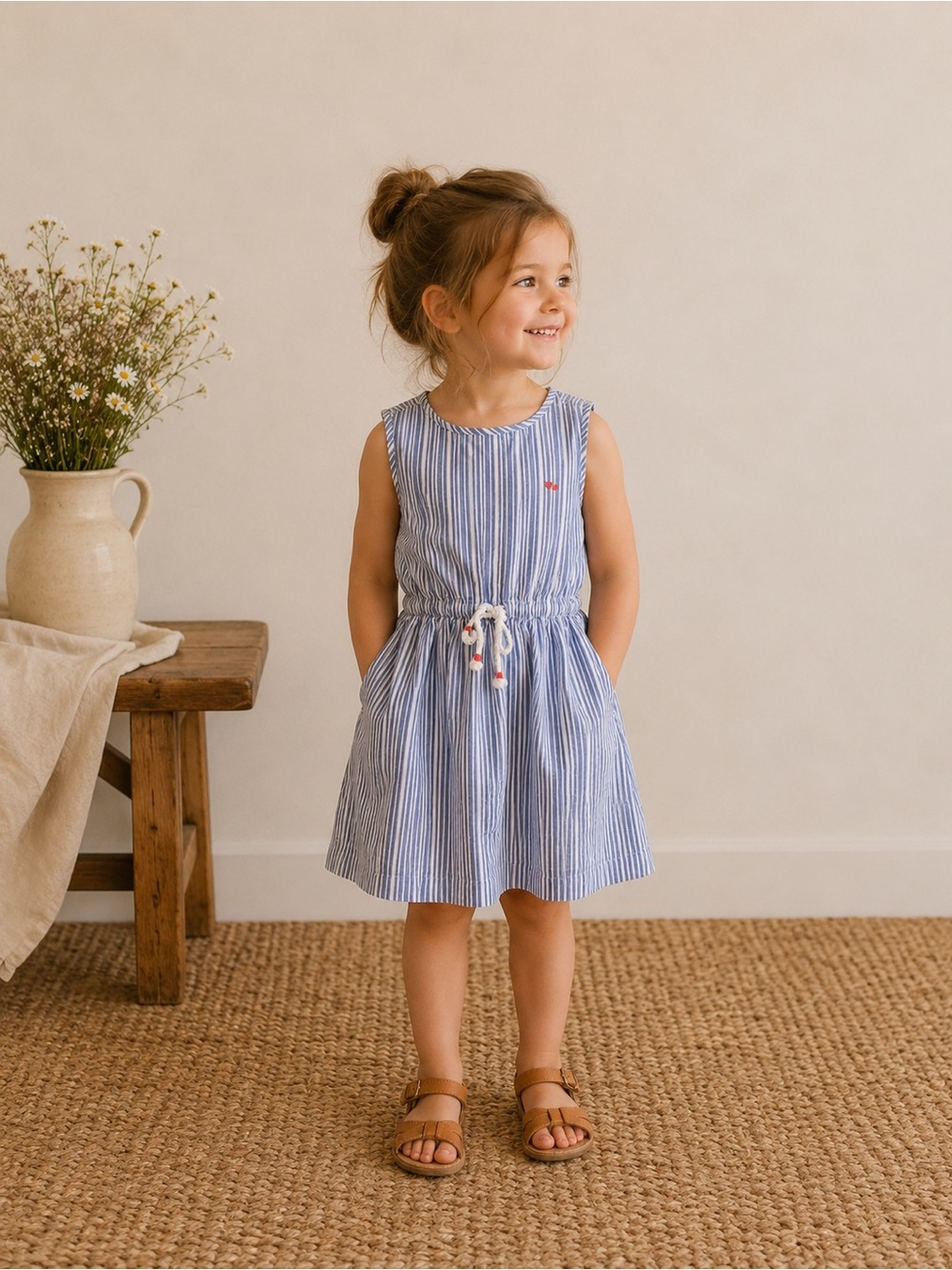 CARTERS| 100% Cotton Dress | Blue and White Striped Drawstring Girls Dress 4/5